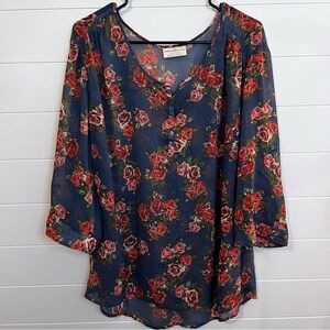 Bobbie Brooks Floral Tunic Top Women Plus Size 2X Sheer Long Sleeve Blouse